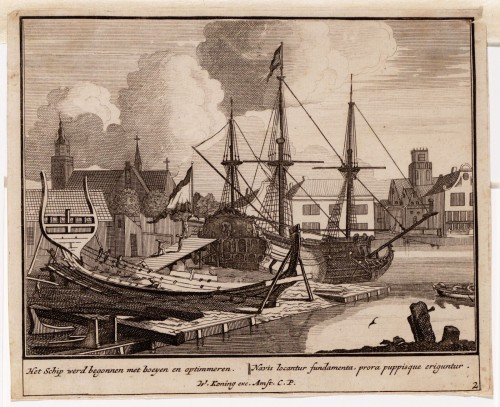 Vermeulen - Kopergravure. Afbeelding van het bouwen van een schip (N° 2)