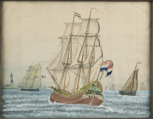 Anonymus - Aquarel. Scheepsportret van een bootschip bij Hindeloopen.