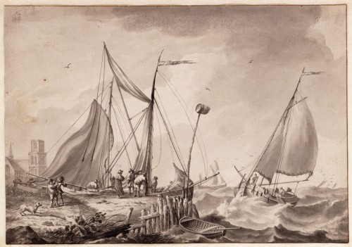 Dionys van Dongen - Zeegezicht met beurtschepen.