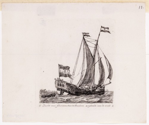 Gerrit Groenewegen - Kopergravure. Afbeelding van een Admiraliteits Jacht.