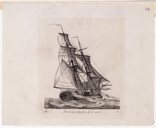 Gerrit Groenewegen - Kopergravure. Afbeelding van een barkentijn.