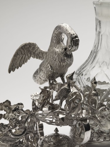 Zilveren olie- en azijnstel met strooier in de vorm van een pelikaan