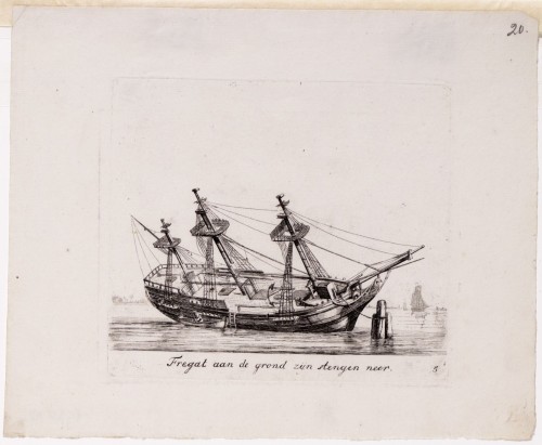Gerrit Groenewegen - Kopergravure. Afbeelding van een fregat aan de grond.
