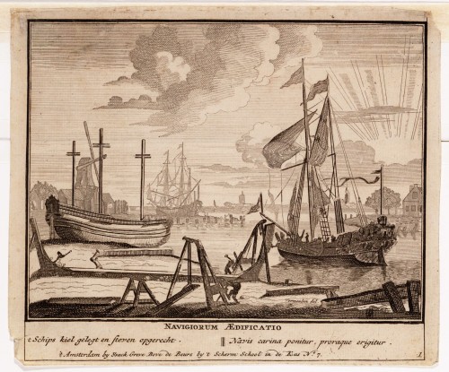 Vermeulen - Kopergravure. Afbeelding van het bouwen van een schip (N° 1)