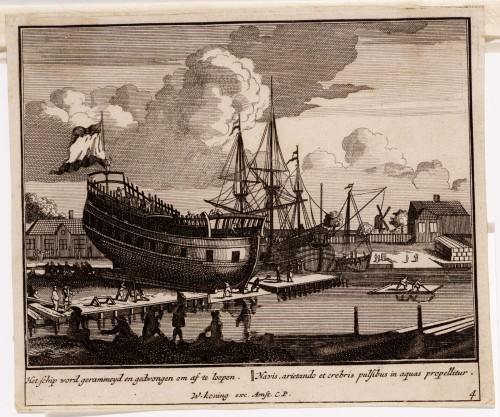 Vermeulen - Kopergravure. Afbeelding van het bouwen van een schip (N° 4)