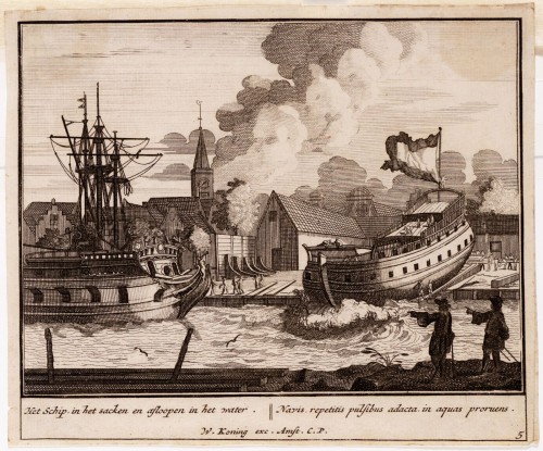 Vermeulen - Kopergravure. Afbeelding van het bouwen van een schip (N° 5)