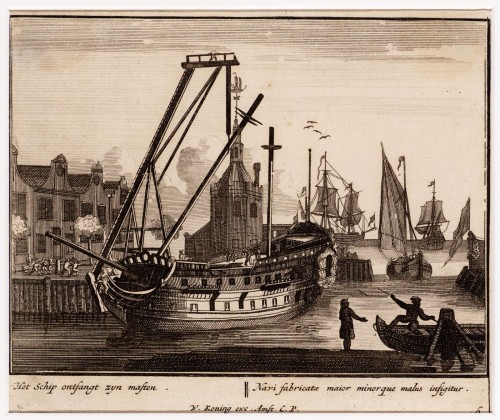 Vermeulen - Kopergravure. Afbeelding van het bouwen van een schip (N° 6)