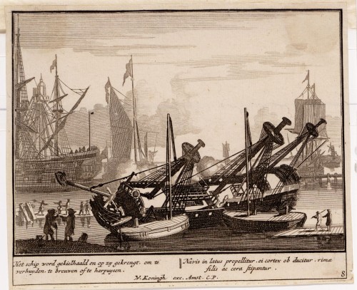Vermeulen - Kopergravure. Afbeelding van het bouwen van een schip (N° 8)