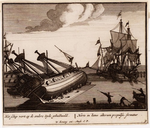 Vermeulen - Kopergravure. Afbeelding van het bouwen van een schip (N° 9)