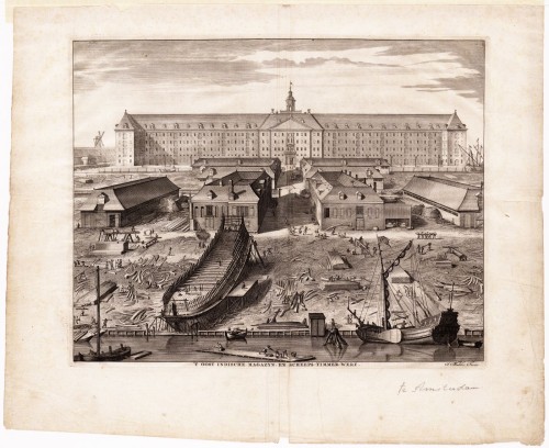 J. Mulder - Kopergravure. Gezicht op het Oost-Indisch Magazijn te Amsterdam.