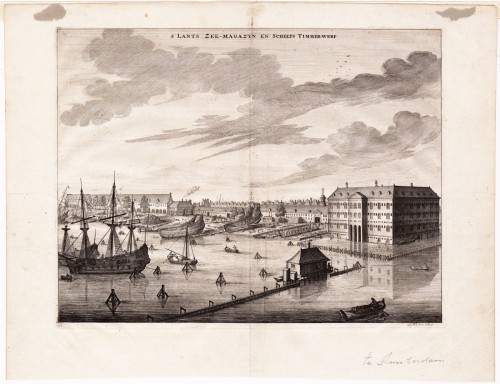 J. Mulder - Kopergravure. Gezicht op 's Lands Zeemagazijn te Amsterdam.