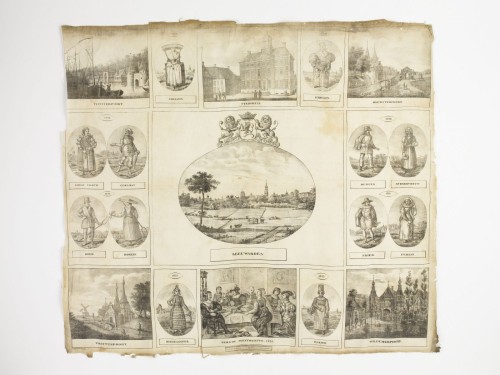 Gedenkdoek van bedrukte katoen in de kleuren wit en zwart met friese afbeeldingen, onderdeel van groep van twee