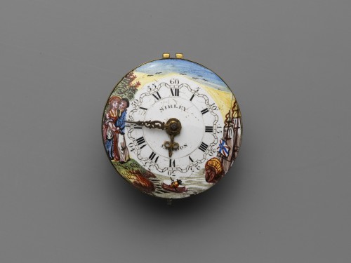 Engels horloge met gekleurde rand van driemaster met Engelse vlag, roeibootje en liefdespaar