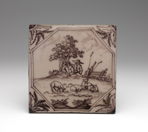 Tegel met decor van landschap met herders en schapen