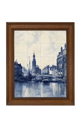 Tegeltableau met een blauwwit decor van de Munt te Amsterdam