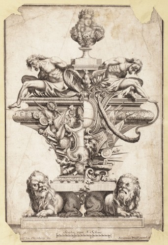 Ornamentprent. Monument met wapentrofee en buste.