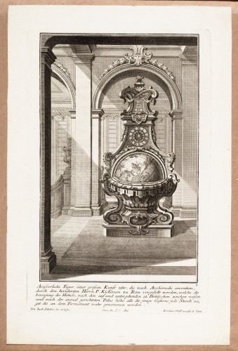 Ornamentprent. Aeusserliche Figur einer grossen Kunst Uhr.