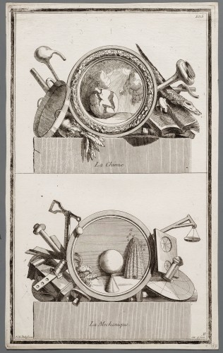 Ornamentprent. Nouvelle Iconologie Historique. Médaillons ronds, la Chimie / la Mechanique.