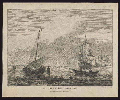 Kopergravure naar een schilderij van Willem van de Velde met afbeelding van een saluerend schip.