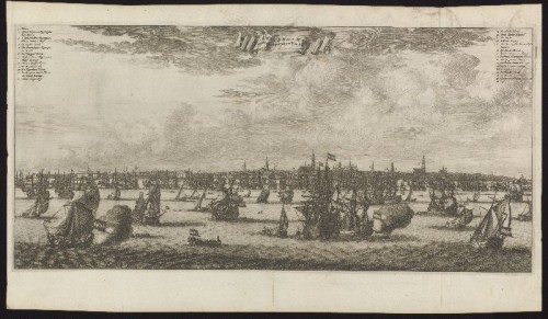 Kopergravure. Gezicht op Amsterdam vanaf het IJ.