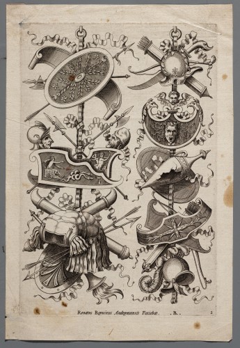 Ornamentprent. Wapentrofeeën.