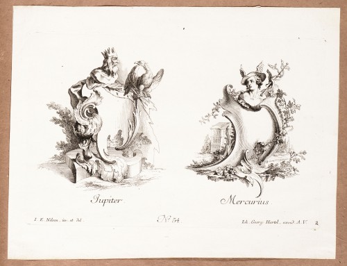 Ornamentprent. Cartouches met bustes. Jupiter / Mercurius.
