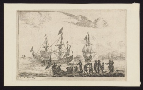 Reinier Nooms 'Zeeman' - Kopergravure. Zeegezicht met driemasters.