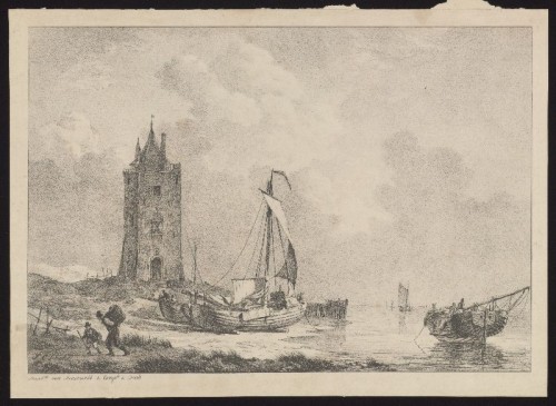 Lithografie. Pinken bij een toren naar J.C. Schotel.