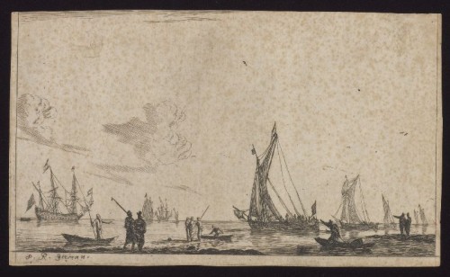 Reinier Nooms 'Zeeman' - Kopergravure. Zeegezicht met beurtschip.