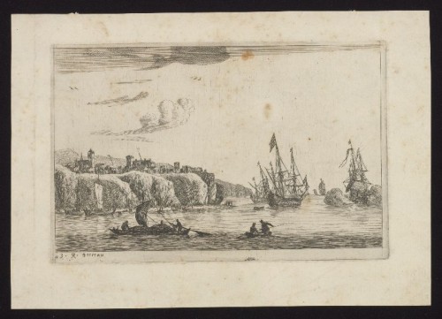Reinier Nooms 'Zeeman' - Kopergravure. Een Hollands schip groet aan een vreemde kust.