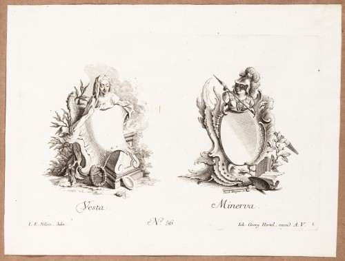Ornamentprent. Cartouches met bustes. Vesta / Minerva.