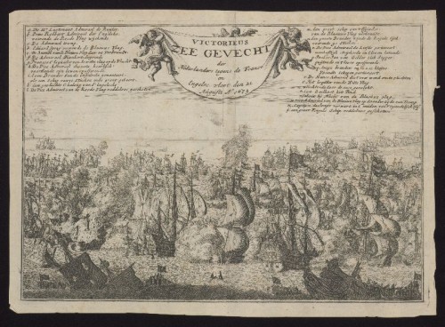 Kopergravure. Gezicht op een zeeslag tussen de Nederlandse vloot en een vloot van Engelsen en Fransen bij Kijkduin in 1673