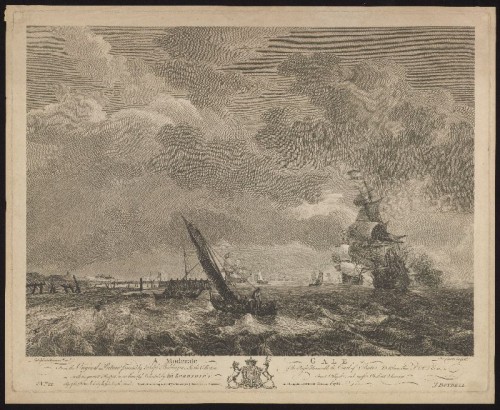 Kopergravure. 'A Moderate Gale': schepen op ruw water.