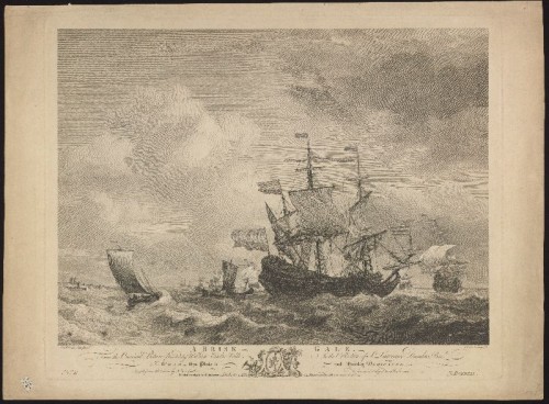 Kopergravure. 'A Brisk Gale': schepen op ruw water.