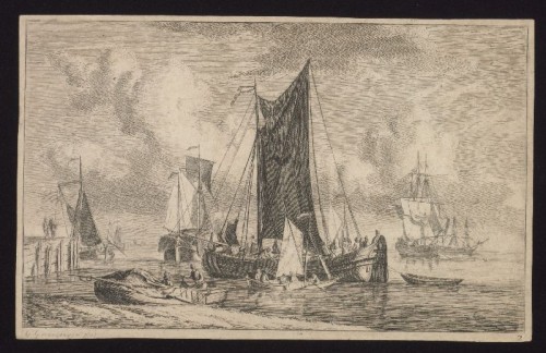 Gerrit Groenewegen - Kopergravure. Zeegezicht met beurtschip.