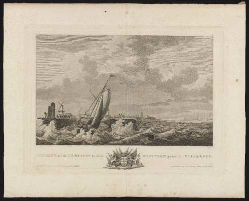 Kopergravure. Staveren vanuit de Zuiderzee te zien.