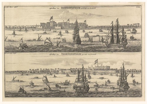 Kopergravure. Twee gezichten op Tegenepatnam op de kust van Coromandel.
