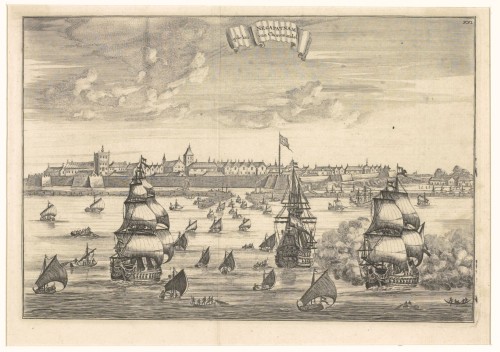 Kopergravure. Gezicht op Negapatnam op de kust van Coromandel.