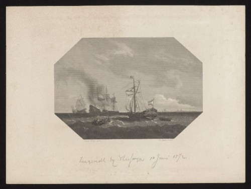 Staalgravure. Zeegevecht bij Vlissingen in 1572