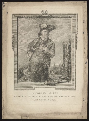 Kopergravure. Portret van Nicolaas Jarry, kapitein van het kaperschip De Vlissinger.