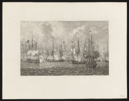 Kopergravure. Zeeslag bij Doggersbank op 5 augustus 1781 tussen de Nederlandse en de Engelse vloten.