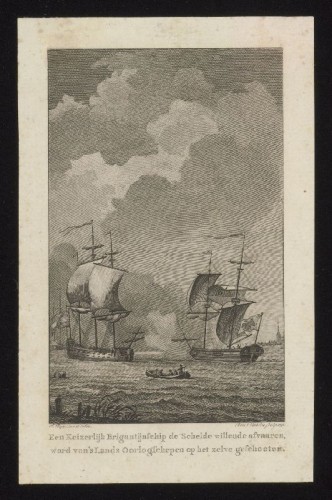 Kopergravure. Zeegevecht op de Schelde.