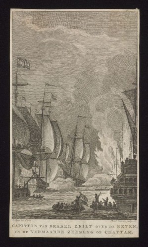 Kopergravure. Kapitein van Brakel zeilt over de ketting bij Chatham.