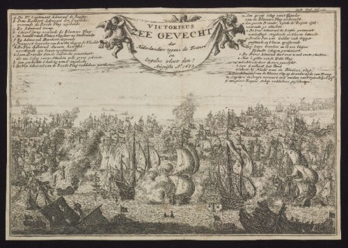 Kopergravure. Gezicht op een zeeslag tussen de Nederlandse vloot en een vloot van Engelsen en Fransen bij Kijkduin in 1673