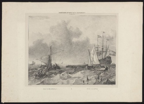 Lithografie. Zeegezicht met vrachtschepen en driemaster.