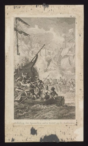 Kopergravure. De Nederlaag der Spaansen onder Bossu op de Zuiderzee in 1573