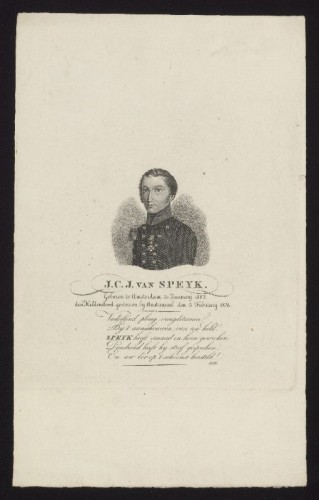 Kopergravure. Portret van J.C.J. van Speyk met lofdicht.