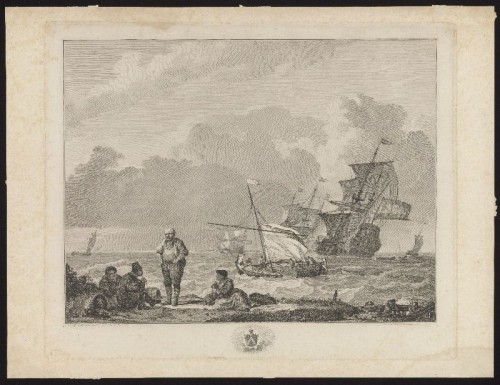 Kopergravure. Schepen op woelig water nabij Amsterdam.