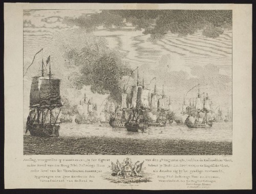 Kopergravure. Zeeslag bij Doggersbank op 5 augustus 1781 tussen de Nederlandse en de Engelse vloten.