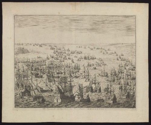 Kopergravure. Gevecht met de Spaanse Armada in 1588.